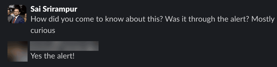 Customer message confirming the storage alert flagged the issue