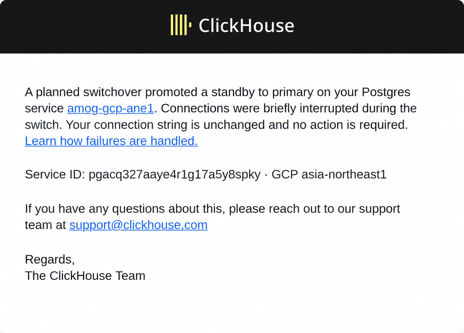 Planned switchover notification email