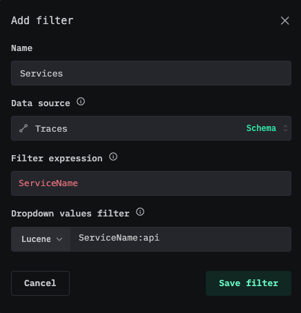Name、Data source、Filter expression の各フィールドがある Add filter ダイアログ