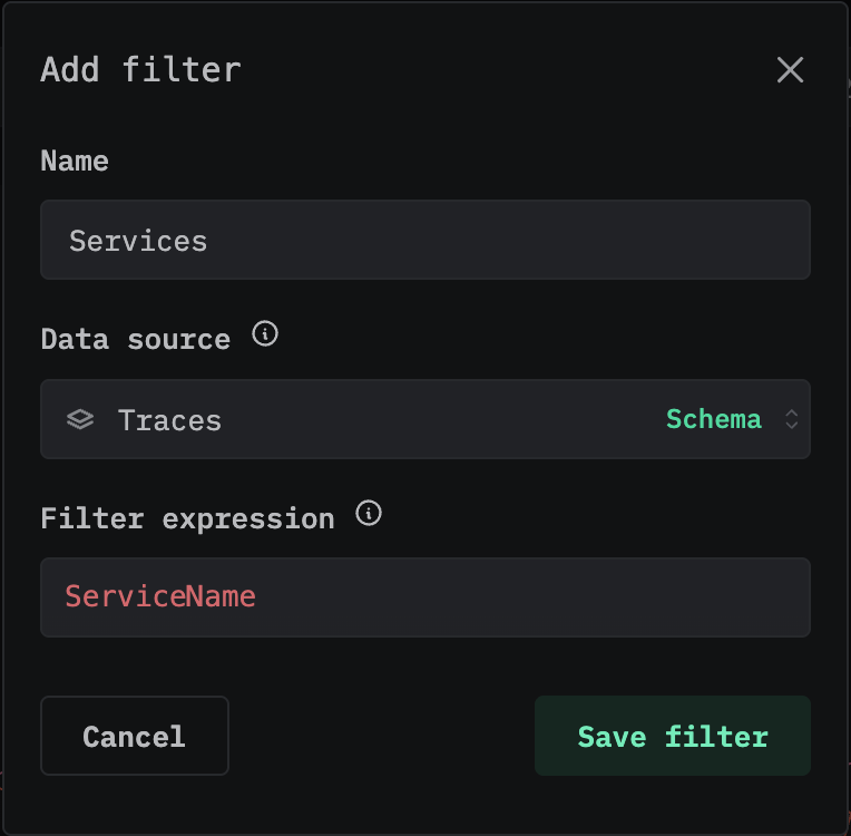 Name、Data source、Filter expression の各フィールドがある Add filter ダイアログ