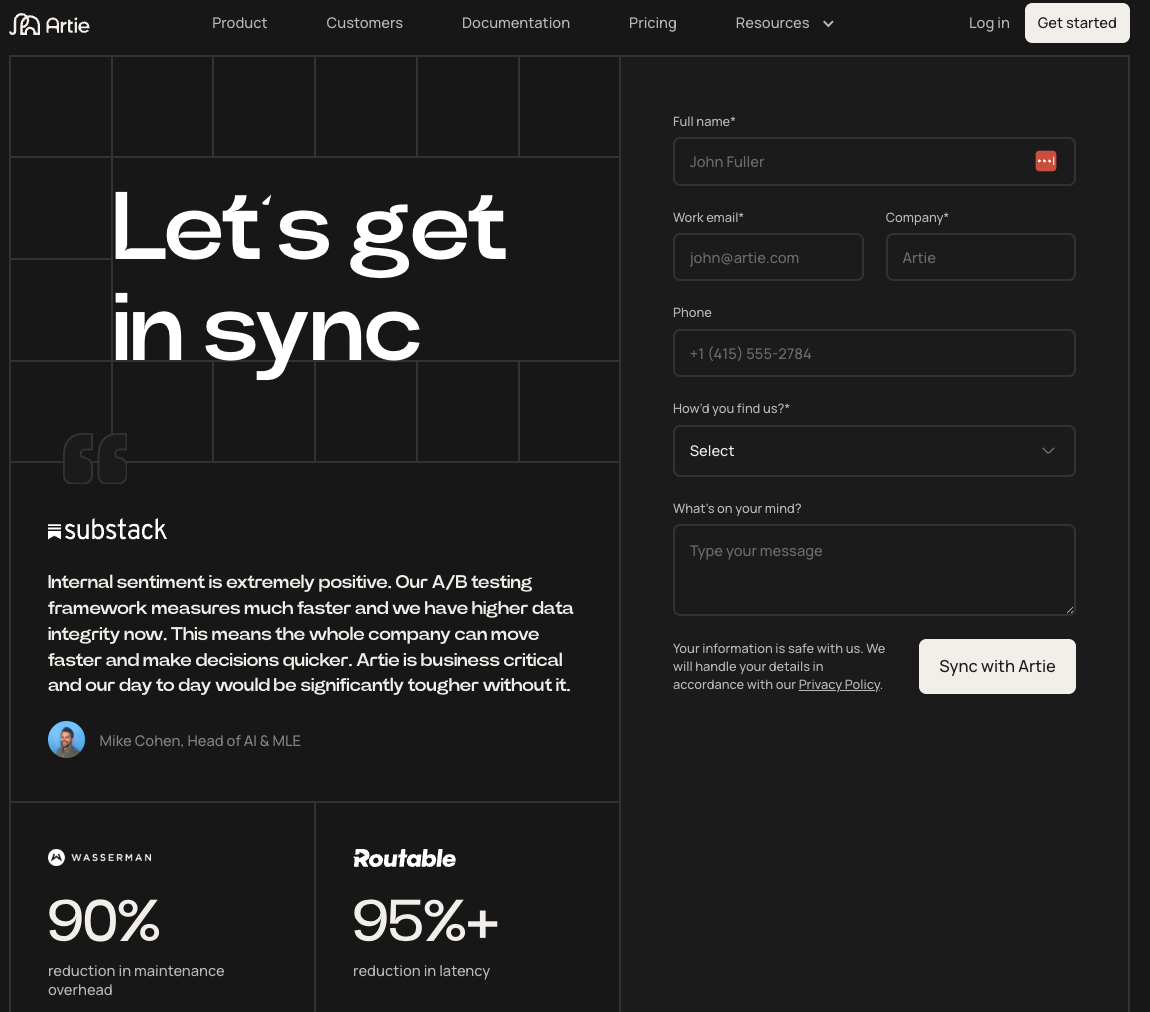 Artie のサインアップページ