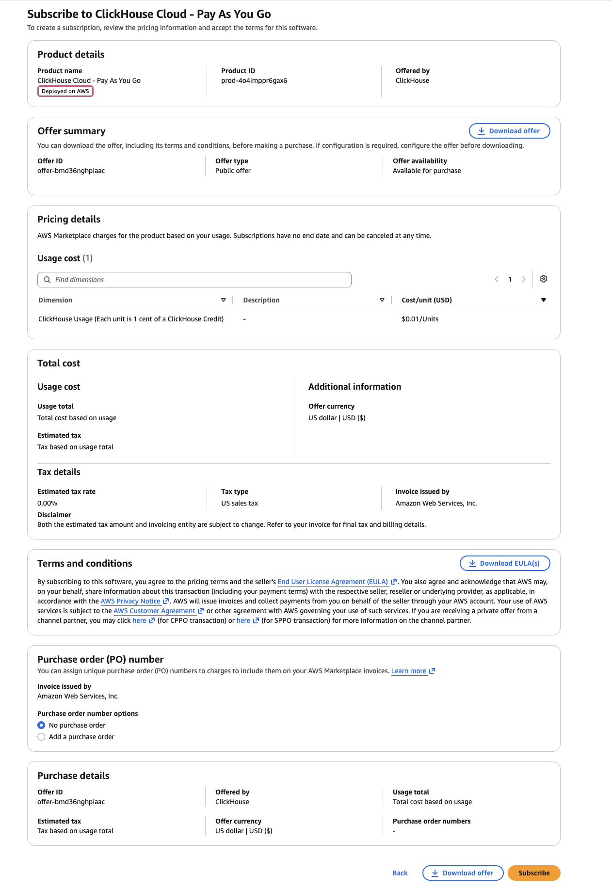 AWS Marketplace でのサブスクライブ画面