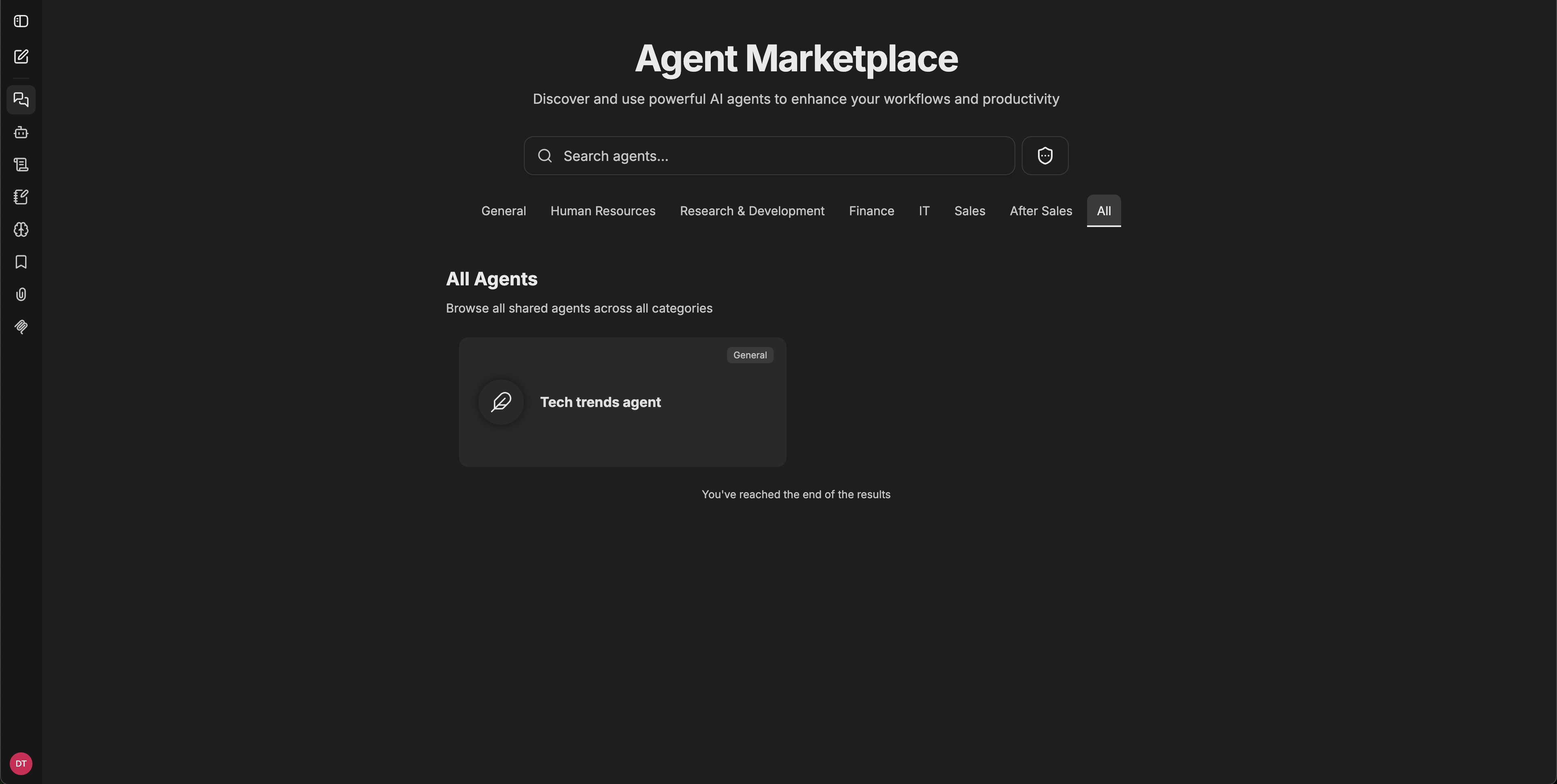 タイトル、検索バー、カテゴリタブ（General、Human Resources、Research and Development、Finance、IT、Sales、After Sales、All）、およびエージェントカードが表示されたエージェント マーケットプレイス画面