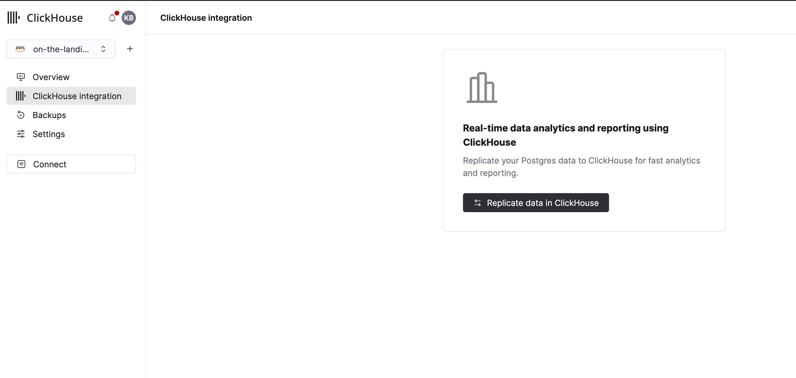 サイドバーに統合オプション��が表示されている ClickHouse インテグレーションのランディングページ