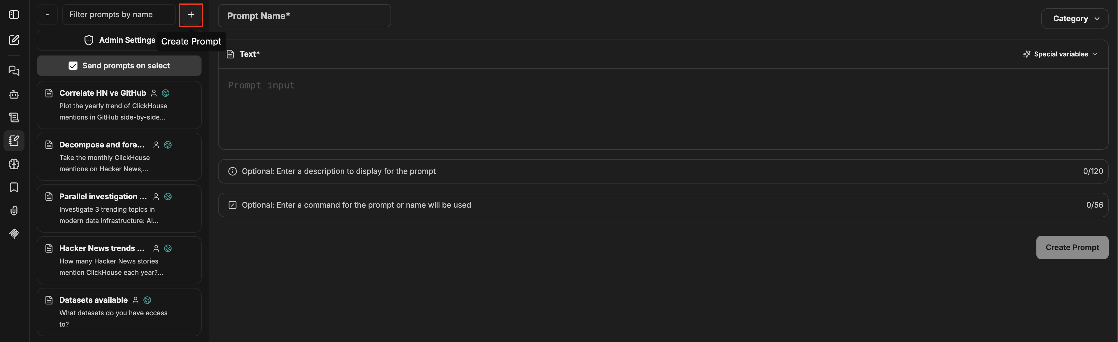 左側で + ボタンが強調表示されたプロンプトパネルと、右側で開かれた Create Prompt フォーム。Prompt Name、Text、Category、Special variables、Description、Command の各フィールドと Create Prompt ボタンが表示されている