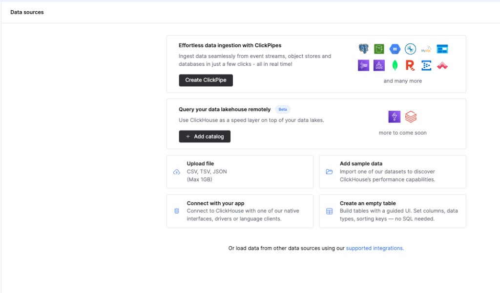 データカタログ統合を表示した ClickHouse Cloud UI