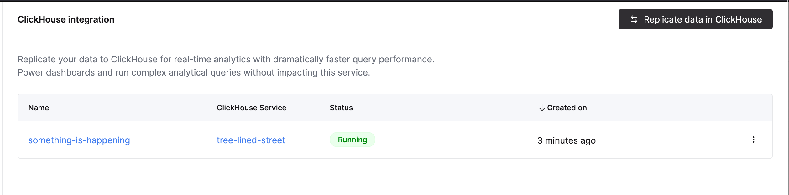 宛先サービスとステータスを持つ実行中の ClickPipe が表示された ClickHouse インテグレーション一覧