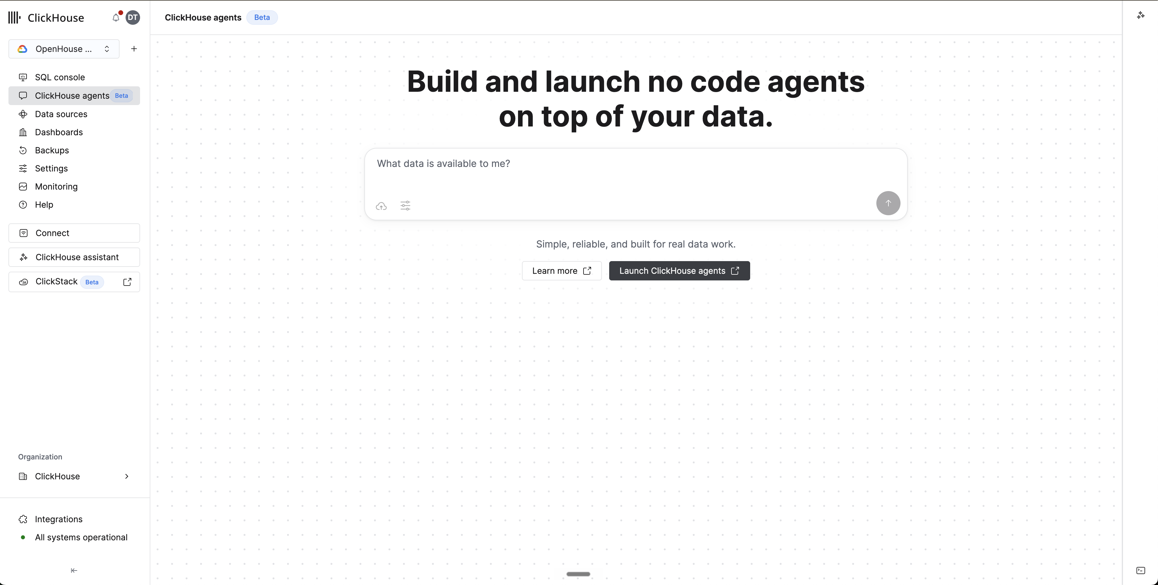 ClickHouse agents(ベータ)が選択された Cloud サービスのナビゲーション。Launch ClickHouse agents ボタンがあるランチパッドが表示されている