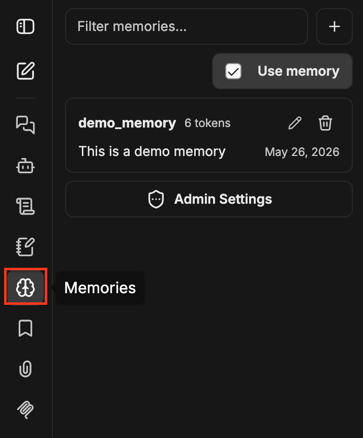 左側のナビゲーションで脳のアイコンが強調表示され、絞り込み入力欄、Add ボタン、Use memory チェックボックス、編集および削除コントロール付きのメモリエントリ、Admin Settings ボタンが表示された Memories パネル