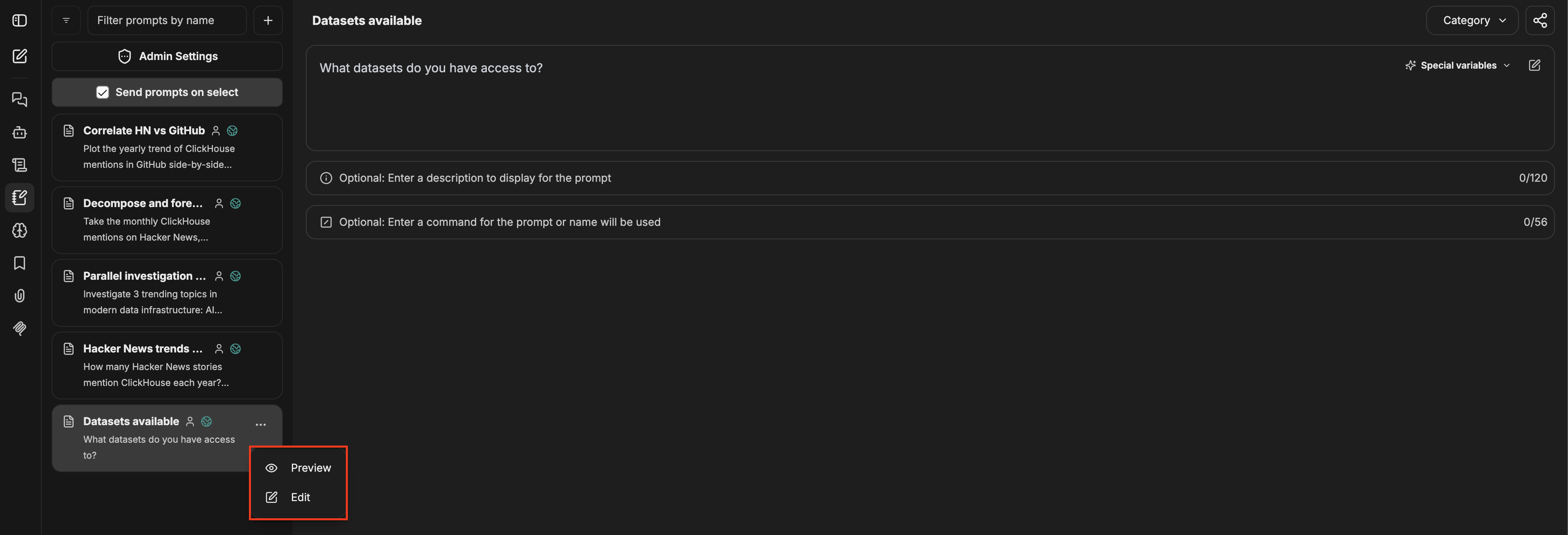 プロンプト パネルでプロンプトが選択され、右側に詳細が表示され、Preview と Edit のオプションを含むコンテキストメニューが開いている
