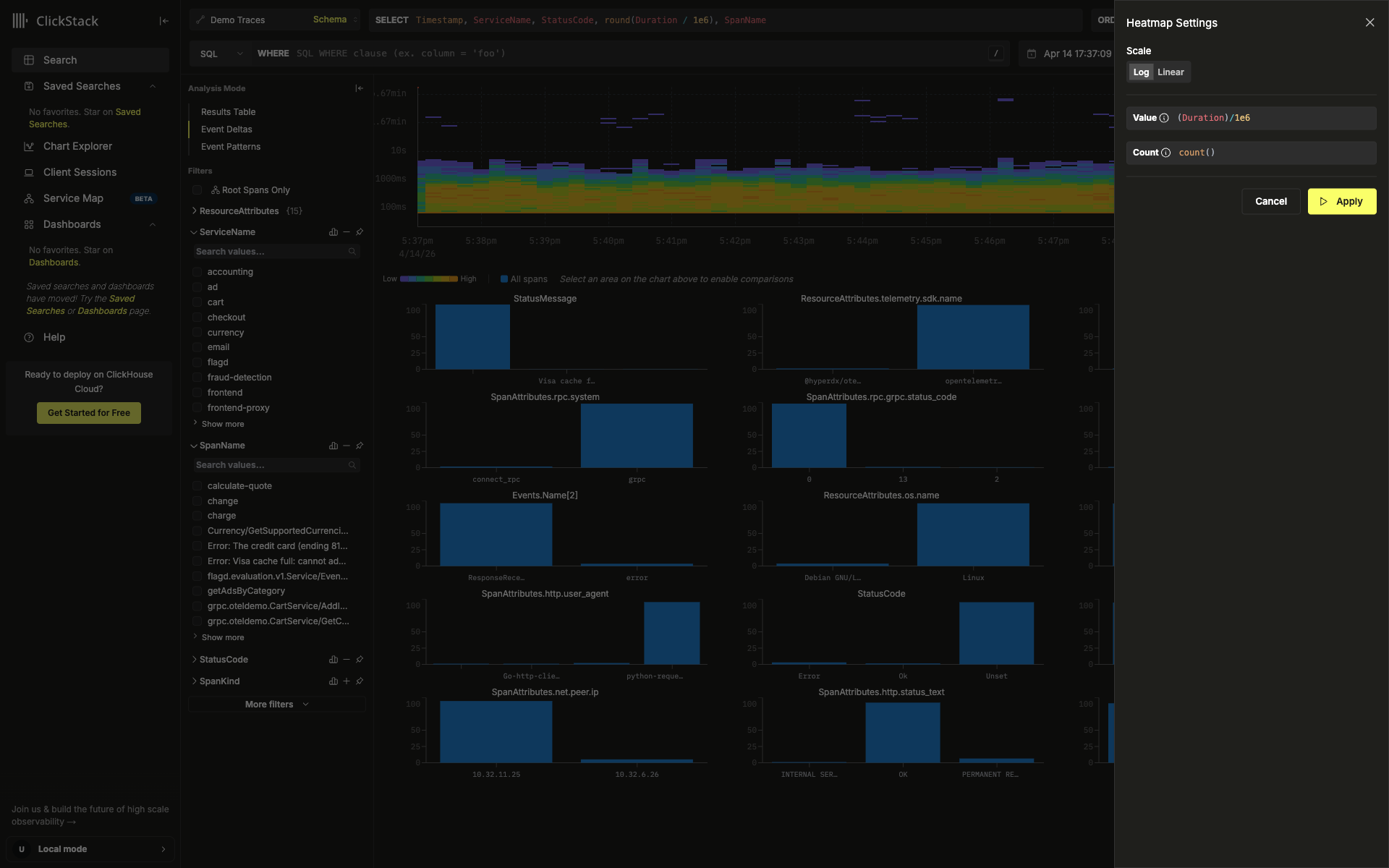 Scale、Value、Count フィールドを含む Heatmap Settings ドロワー