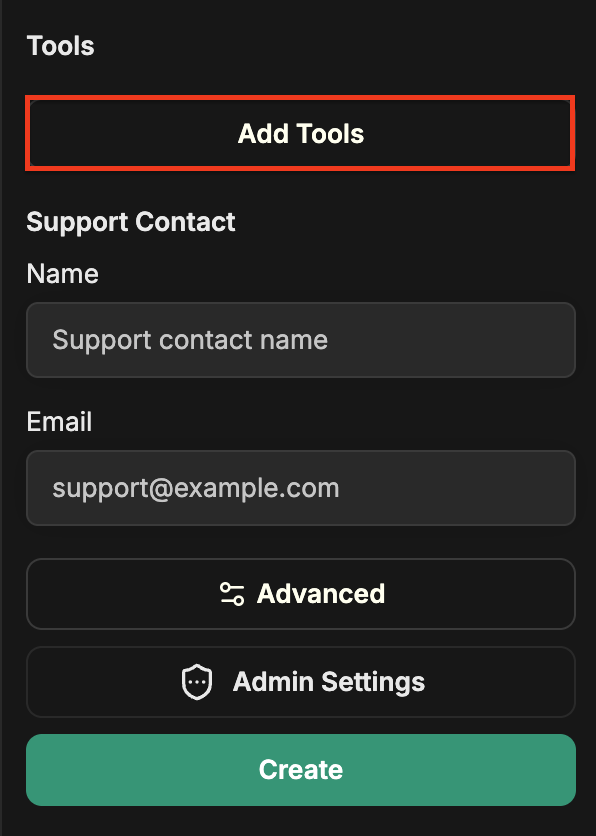 Add Tools ボタンが強調表示されたエージェントビルダーパネル下部