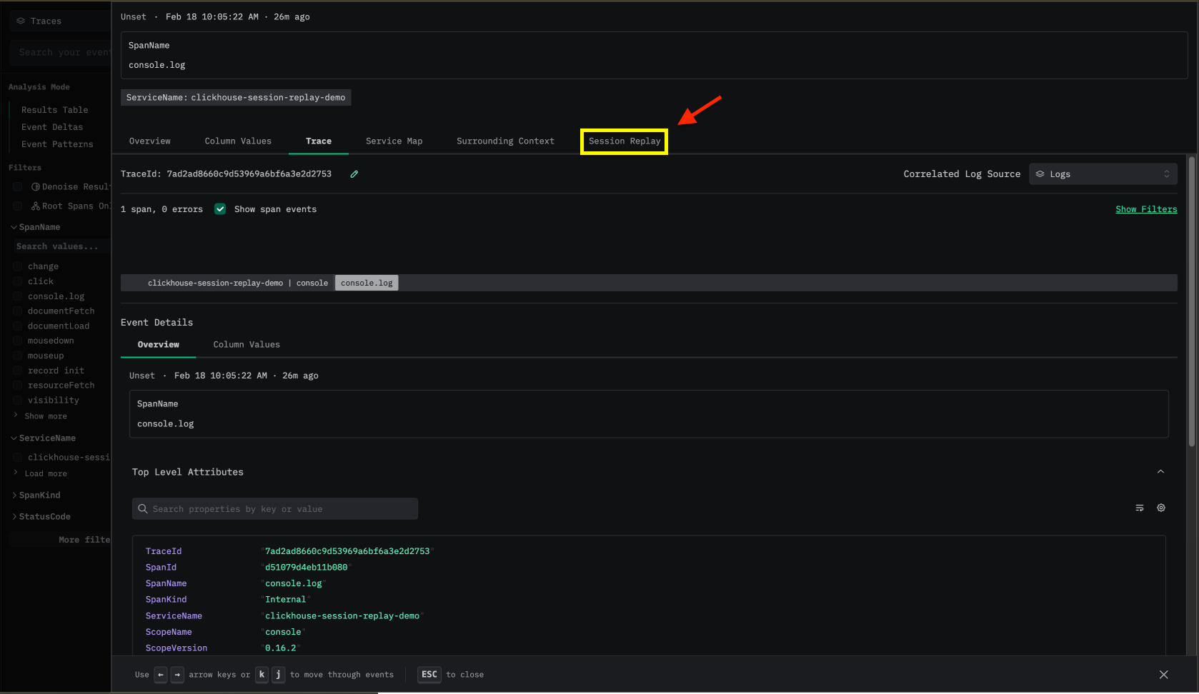 セッションリプレイのトレースビュー