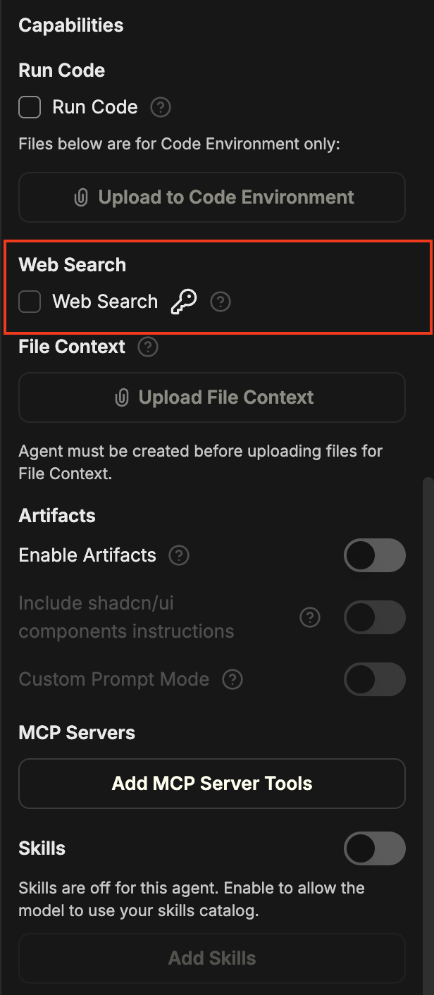 ウェブ検索セクションが強調表示され、ウェブ検索のチェックボックスが表示された Capabilities パネル