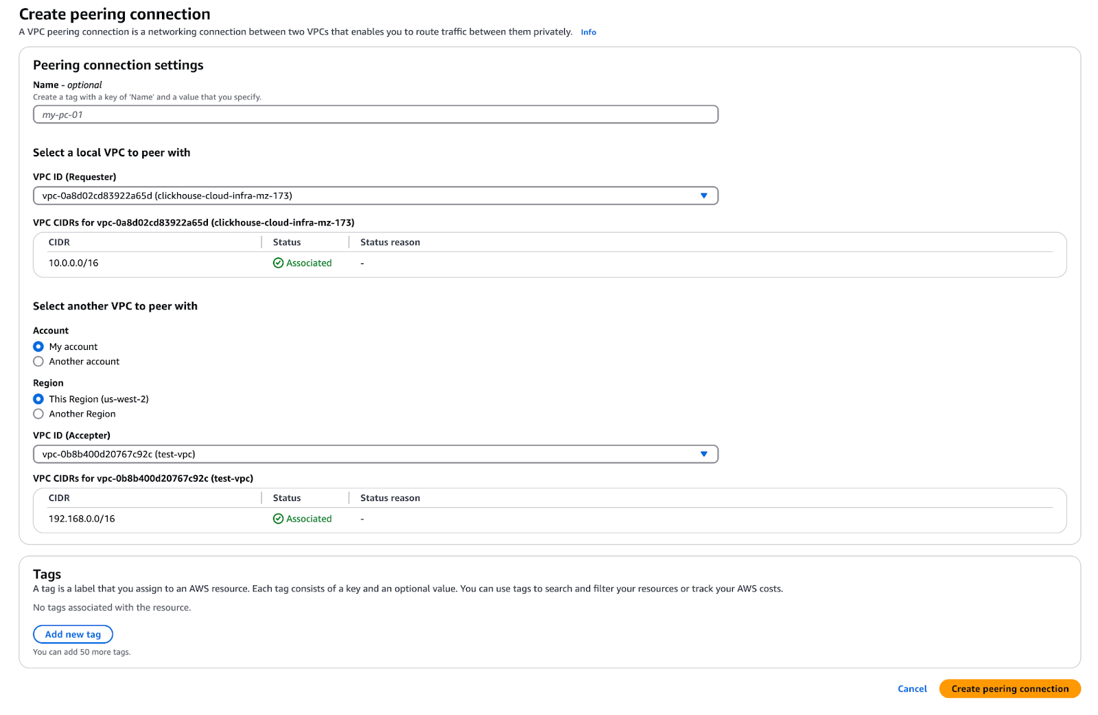 BYOC Peering Connection 생성