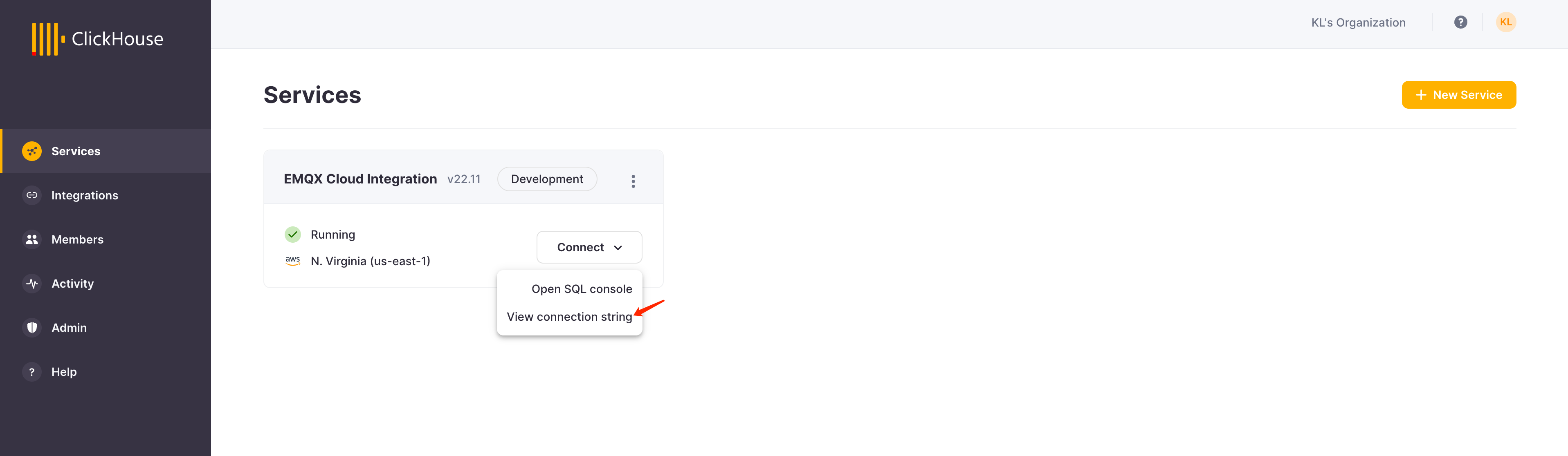 연결 옵션이 표시된 ClickHouse Cloud 실행 중 인스��턴스 대시보드