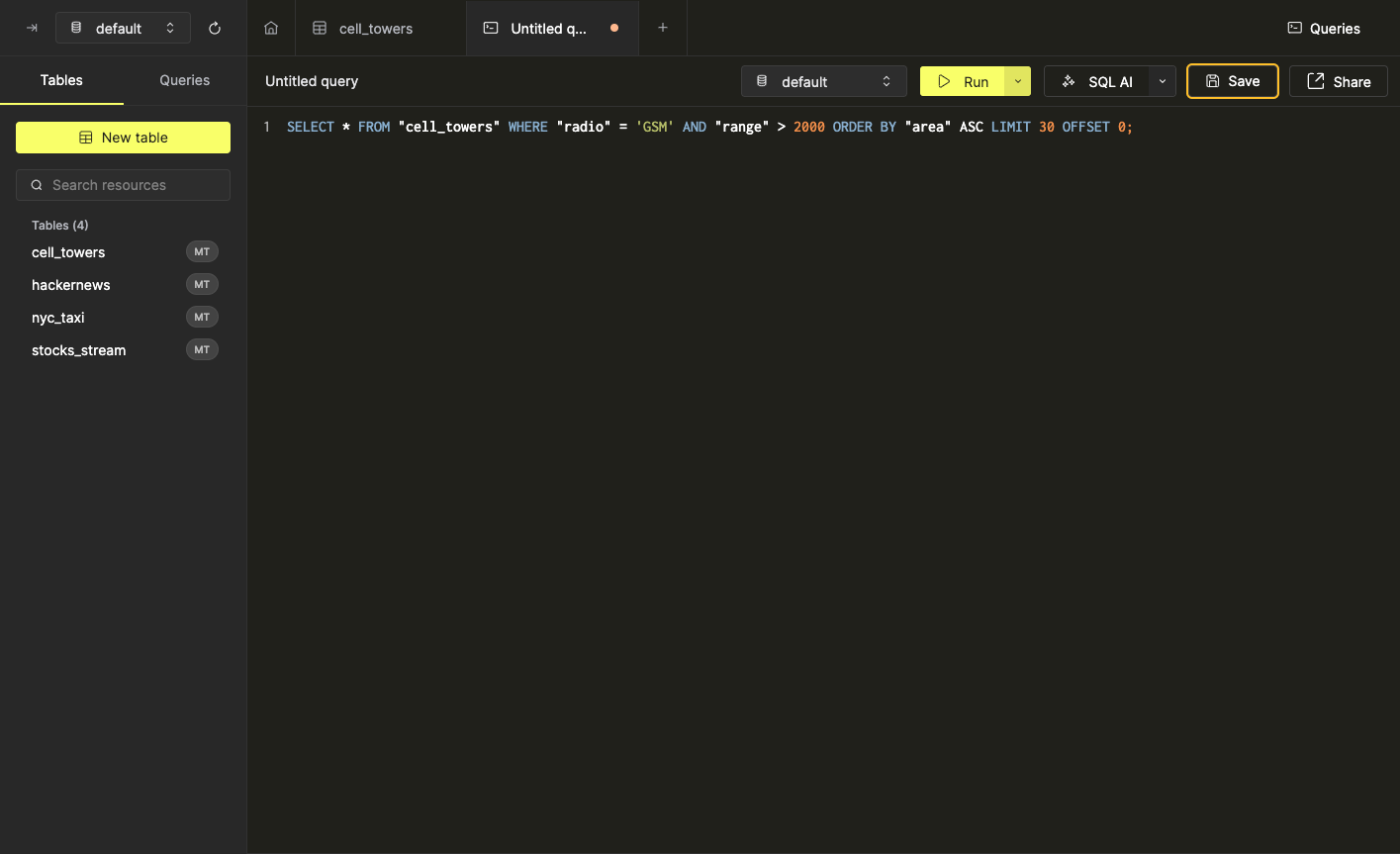 필터와 정렬에서 SQL을 생성하는 Create Query 버튼을 보여주는 인터페이스
