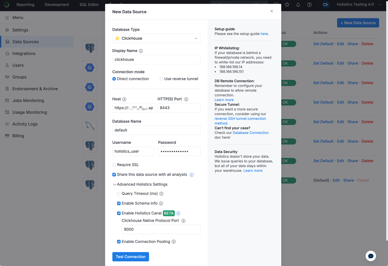 Holistics에서 ClickHouse 연결 정보를 입력하는 화면