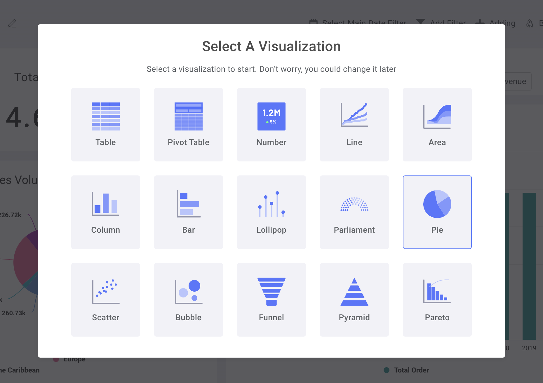 파이 차트 옵션이 강조된 차트 유형 선택 패널