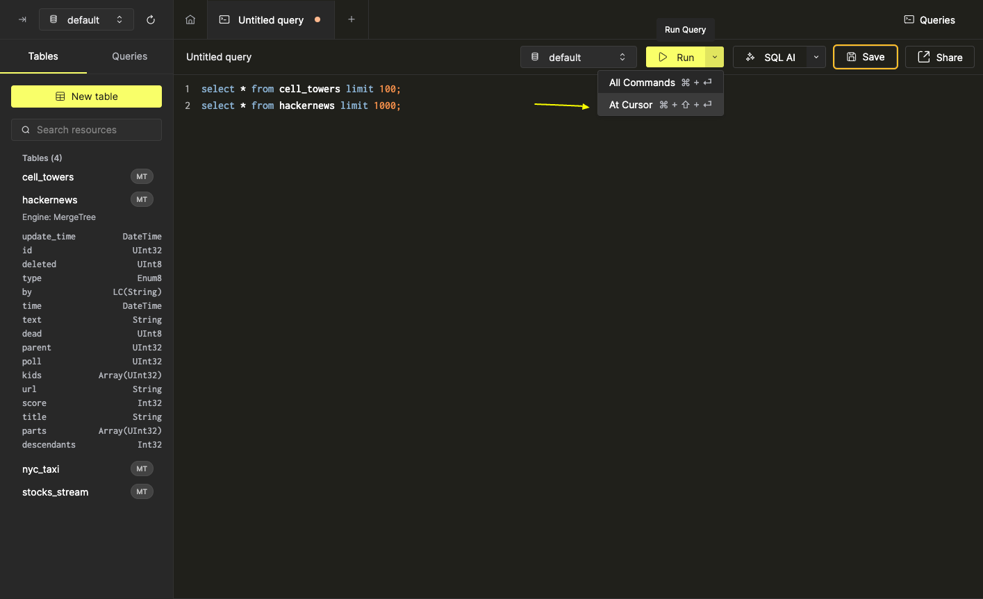 확장 Run 옵션 메뉴의 Run at cursor 옵션