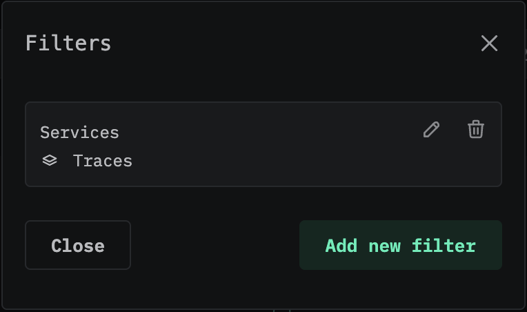 Filters modal showing a configured Services filter