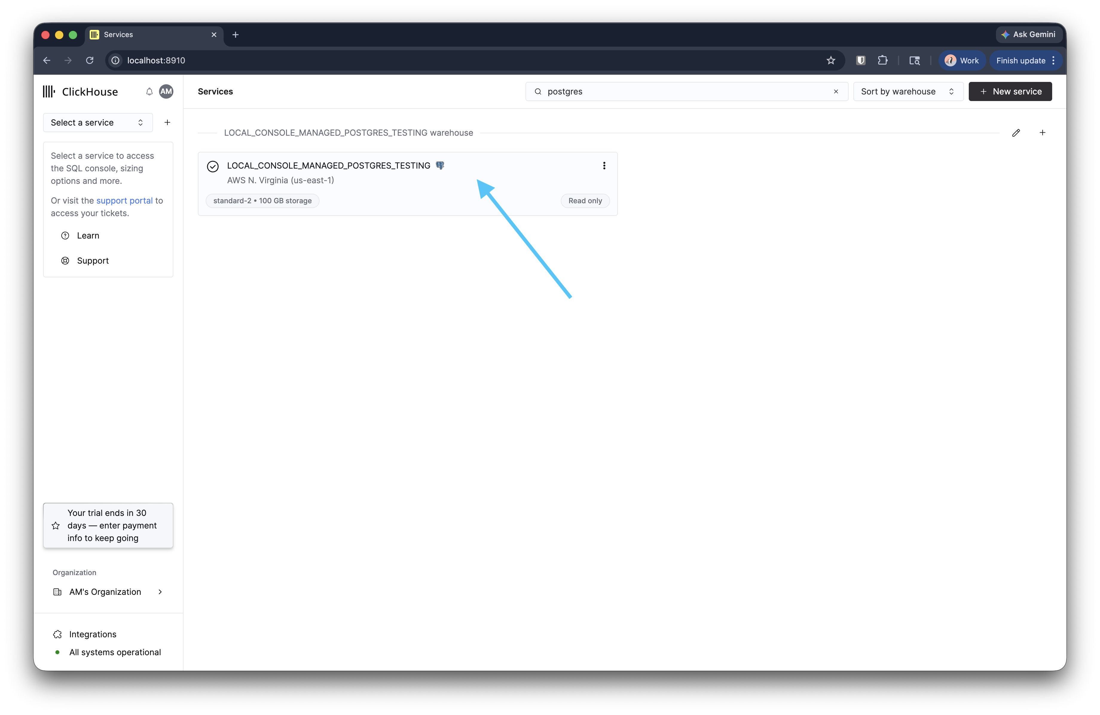 ClickHouse Cloud 서비스 목록의 Managed Postgres 서비스 카드
