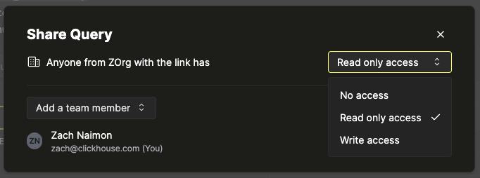 공유된 쿼리에 대한 접근 권한을 편집하는 대화 상자