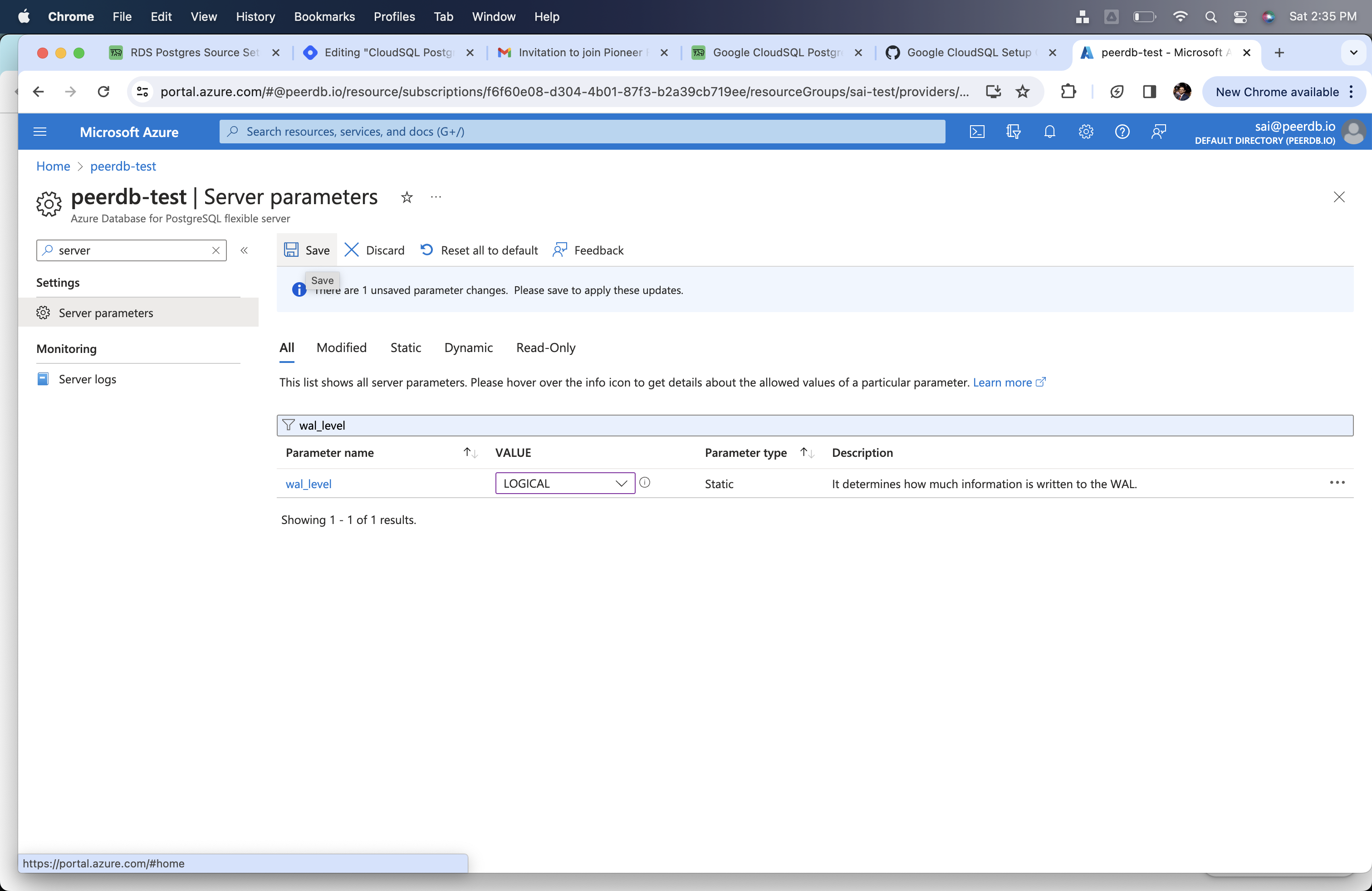 Azure Flexible Server for Postgres에서 wal_level을 logical로 변경
