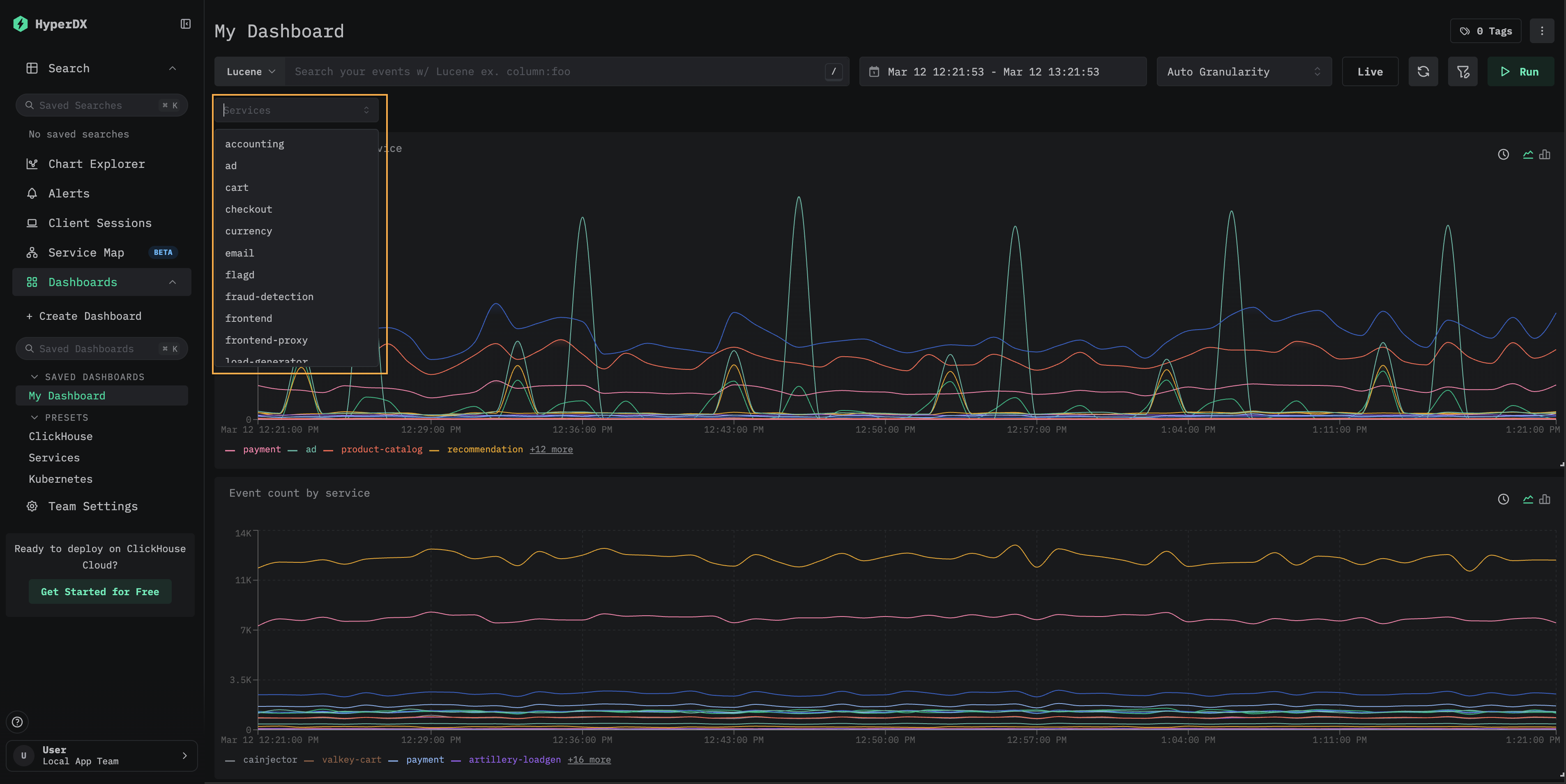 Выпадающий фильтр Services, показывающий доступные имена сервисов