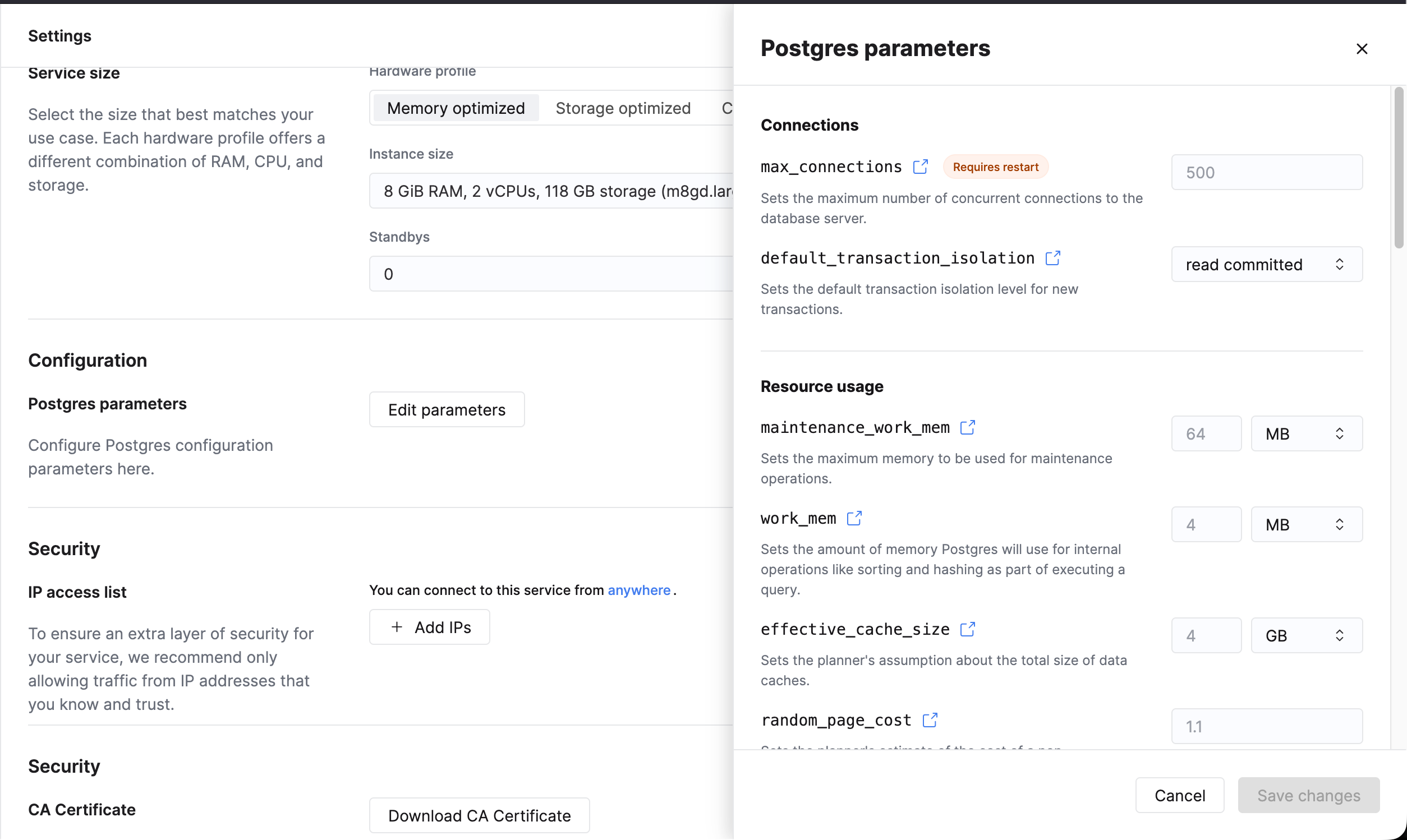 Конфигурация параметров Postgres
