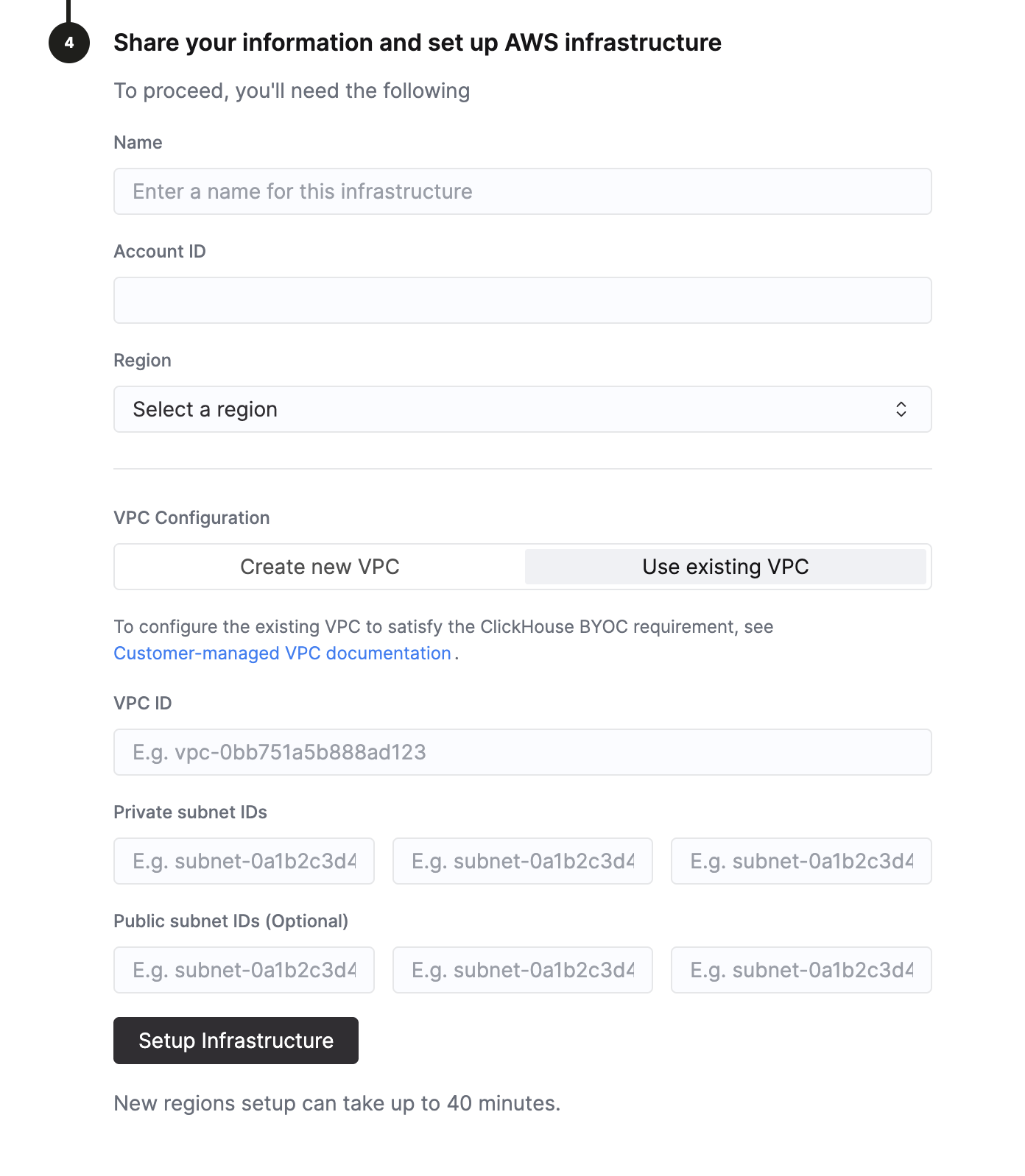 已选择 Use existing VPC 的 ClickHouse Cloud BYOC 设置界面