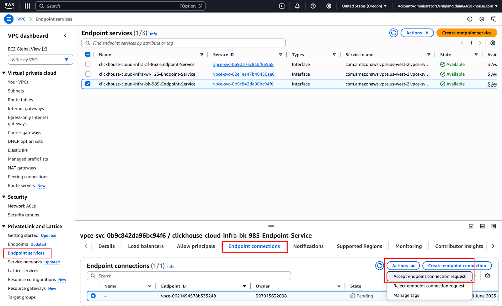 BYOC PrivateLink 连接批准