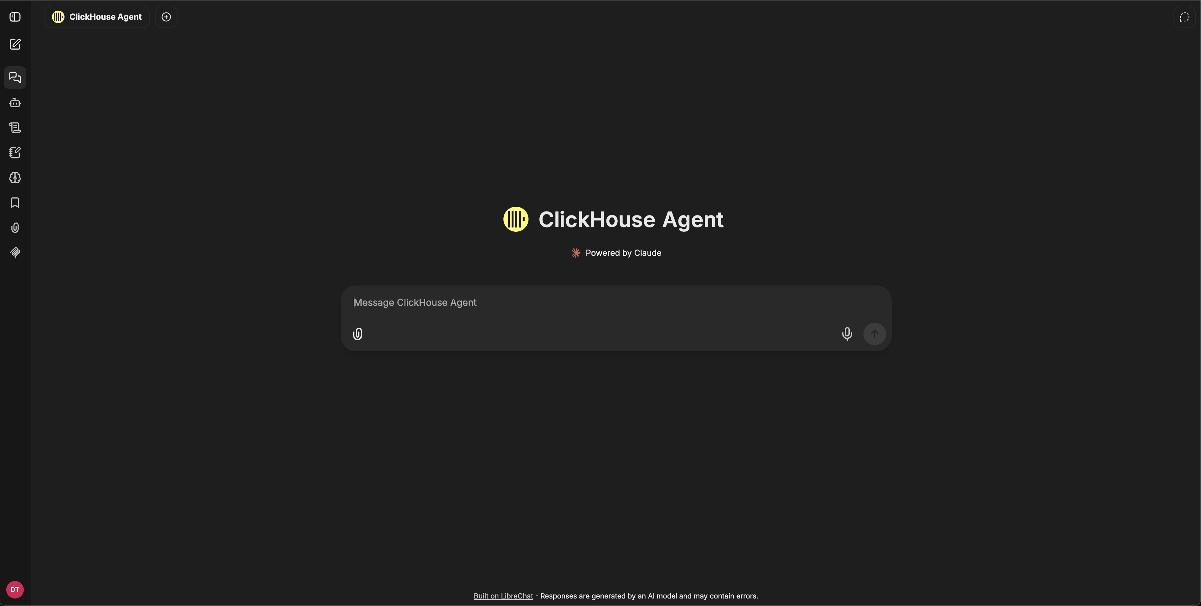 ClickHouse Agent 聊天界面,显示左侧导航、Agent 标识标题栏和消息输入框