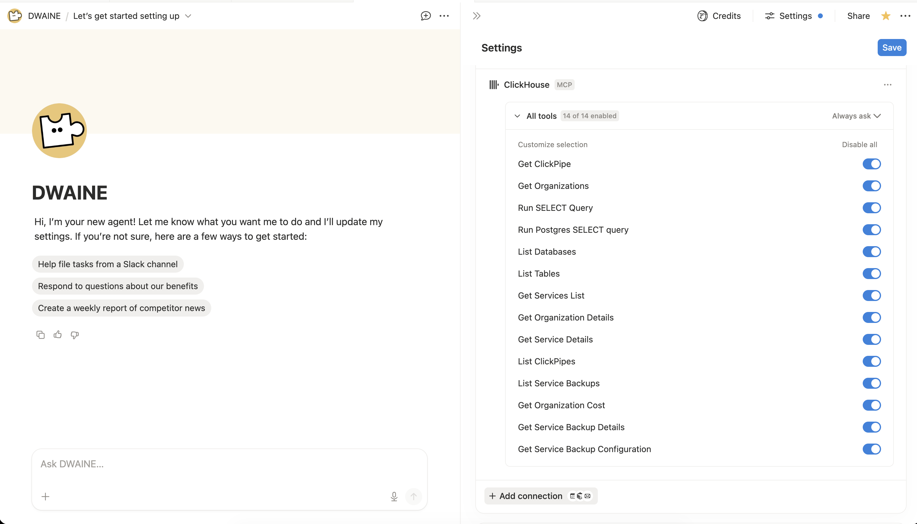 The expanded ClickHouse connection in Notion showing the per-tool toggles