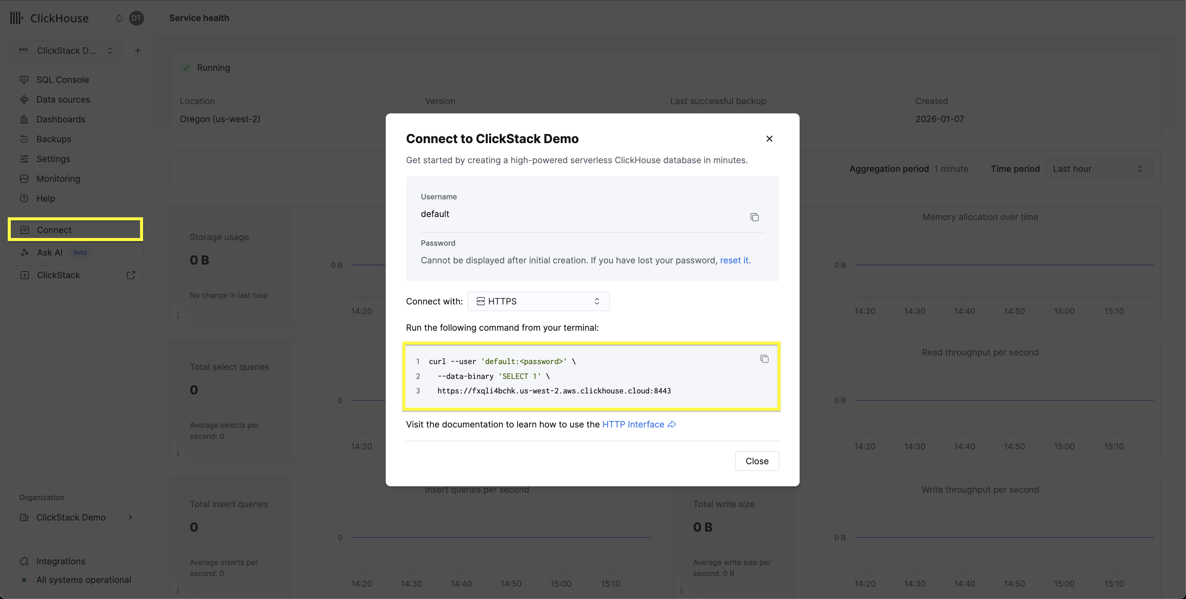 ClickHouse Cloud 连接界面