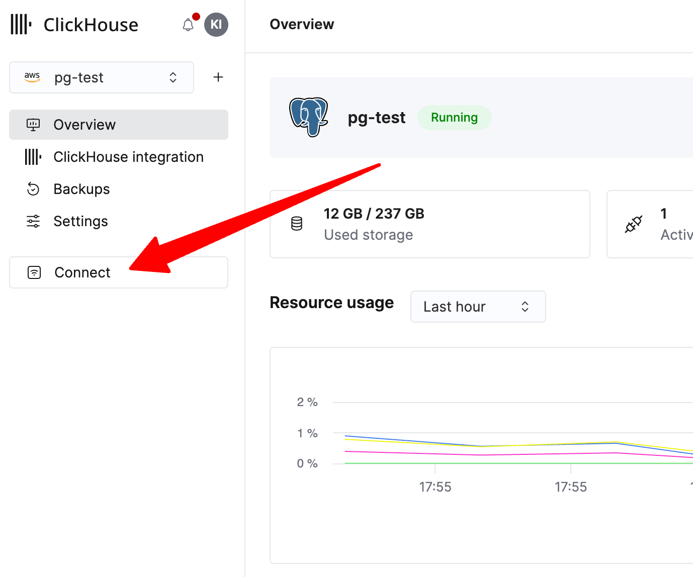 点击左侧侧边栏中的 Connect 以查看连接详情