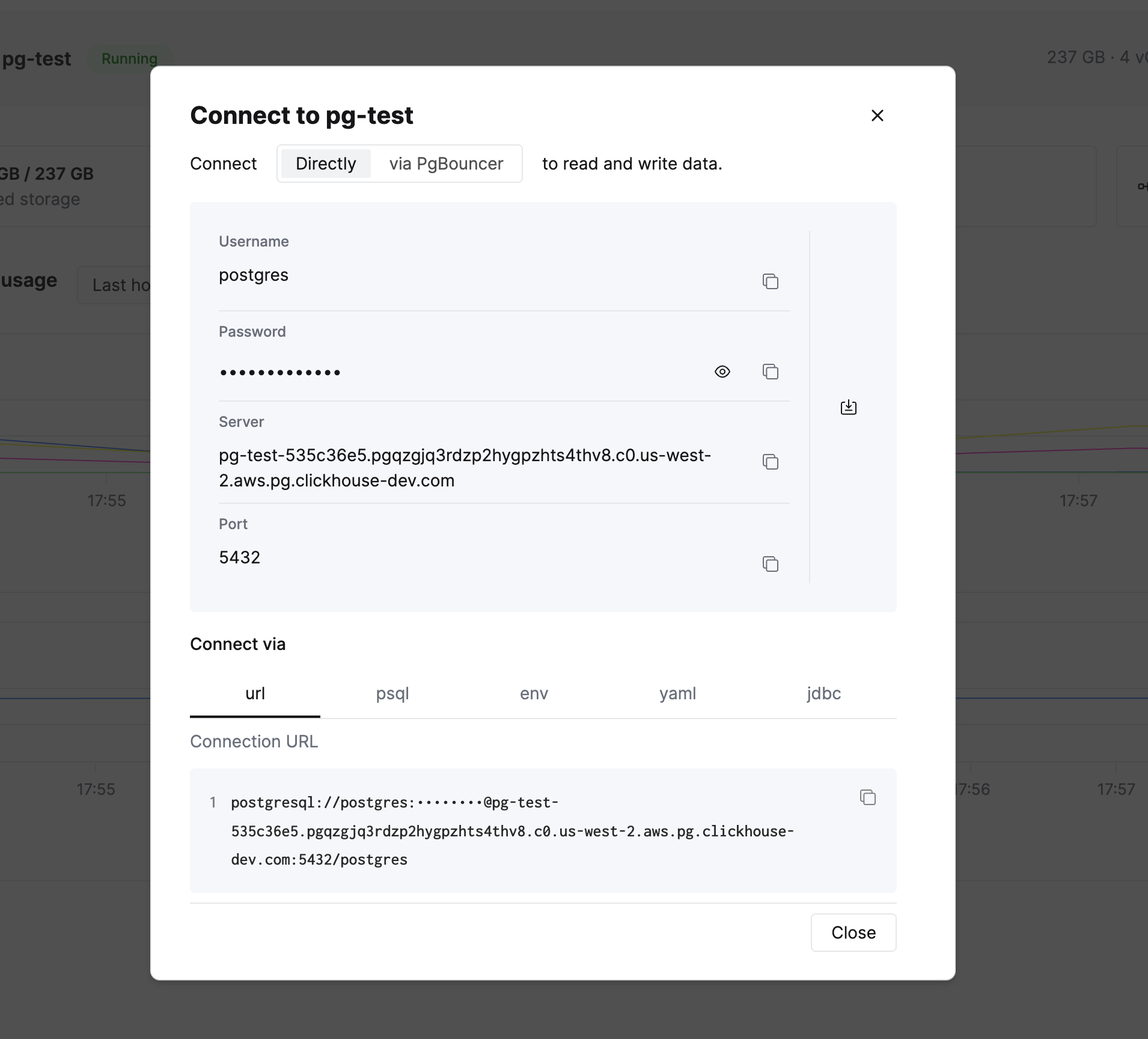 显示凭据和连接字符串格式的连接弹窗