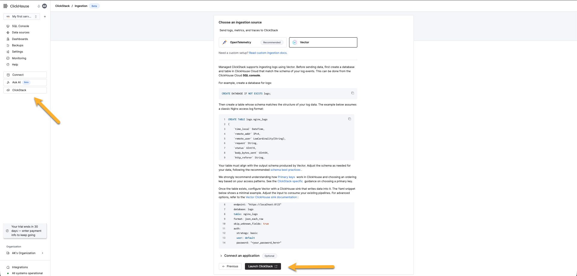 为 Vector 启动 ClickStack