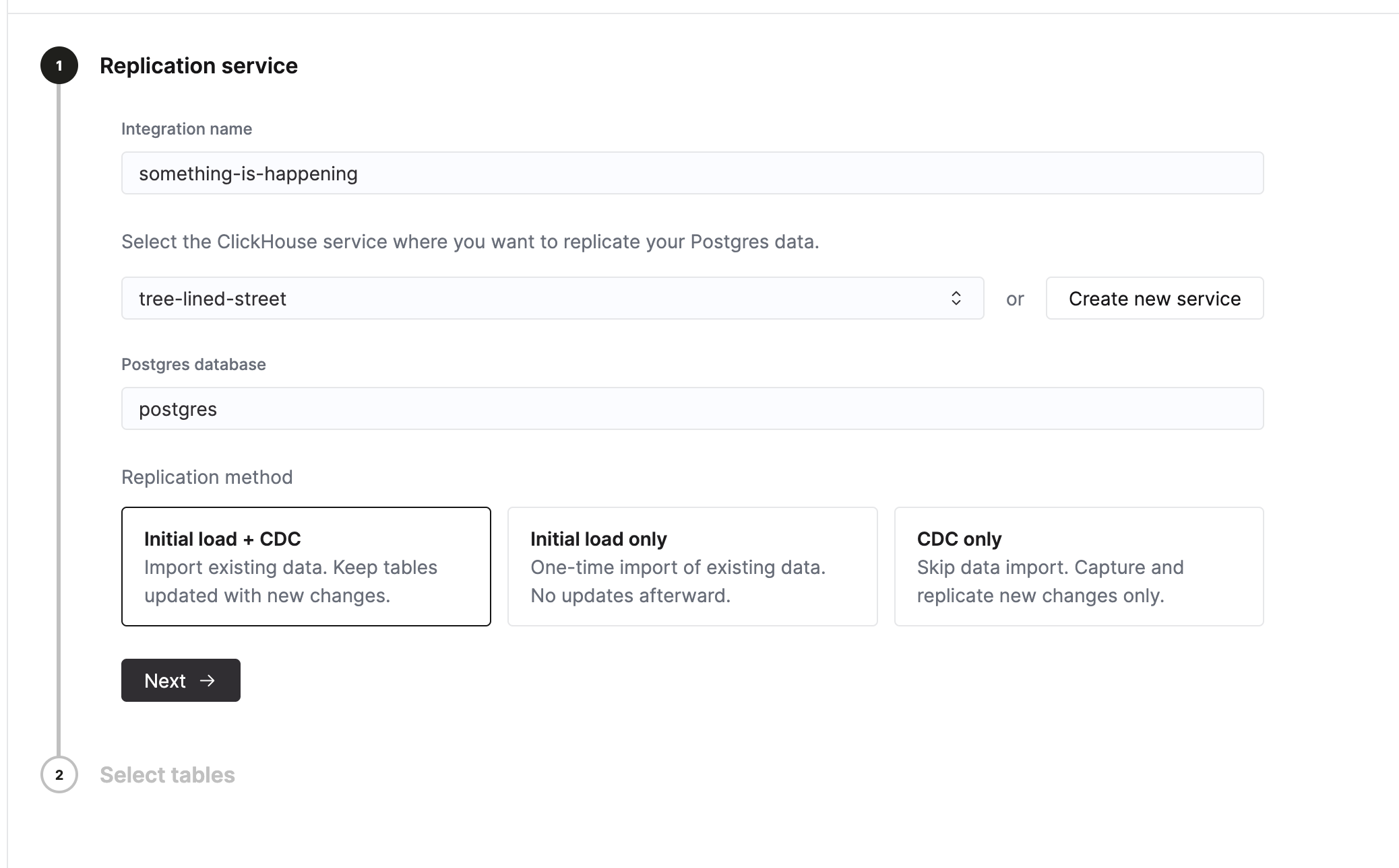 复制服务配置界面，展示了集成名称、目标服务以及复制方法选项