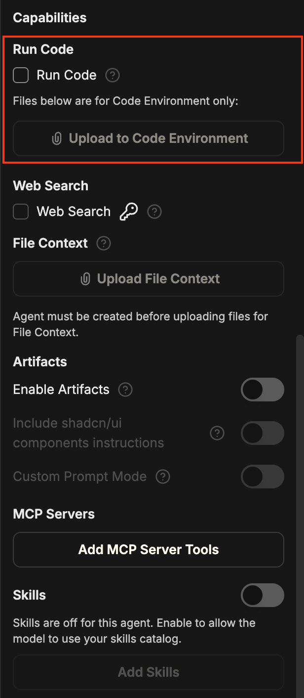 Capabilities 面板中的 Run Code 部分，其中已启用 Run Code 复选框，并带有一个 Upload to Code Environment 按钮