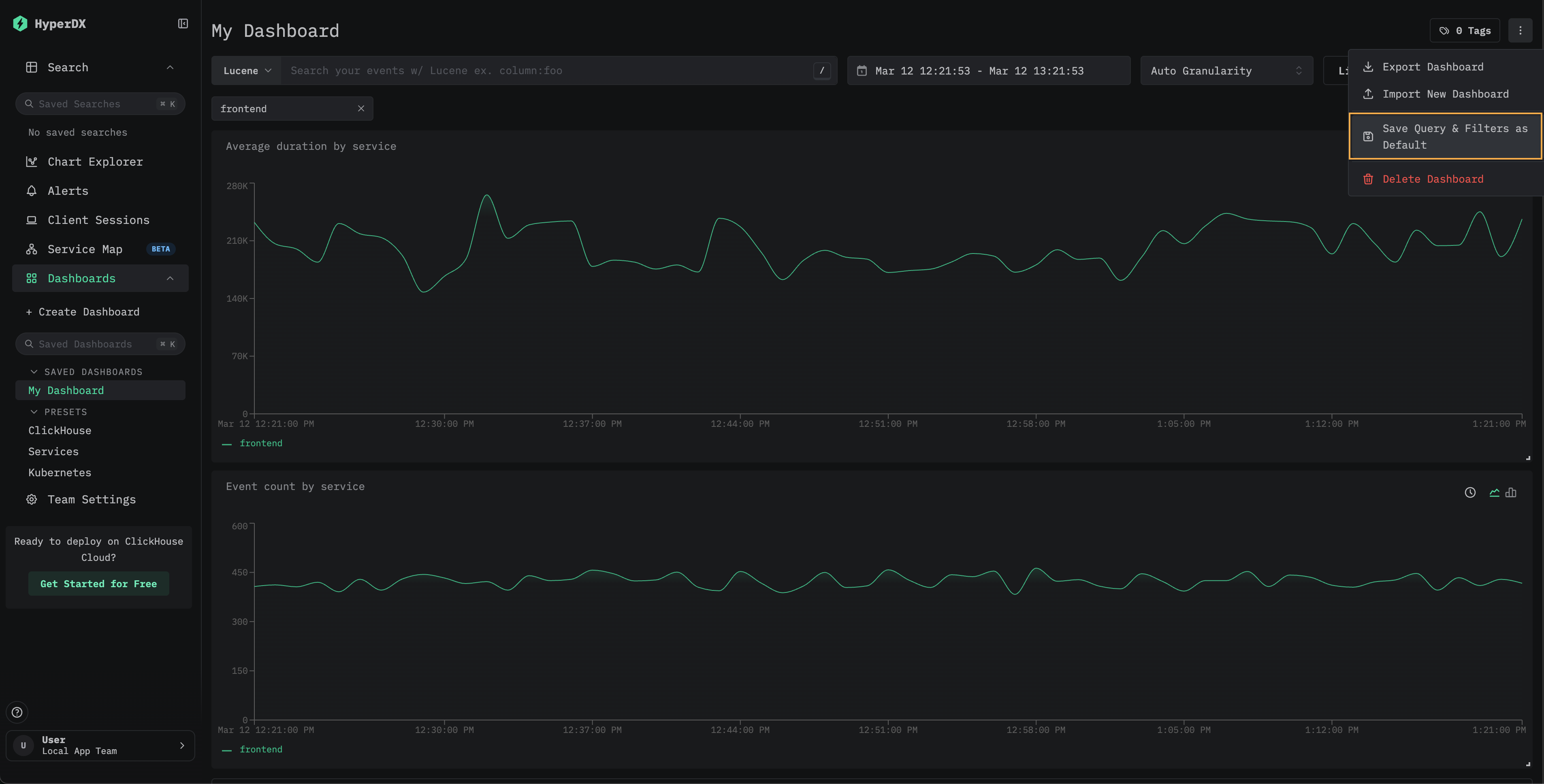 显示“将查询和筛选器保存为默认值”选项的仪表板菜单